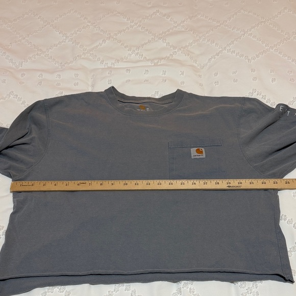 Carhartt Slate Blue Long Sleeve Pocket Tee with Sleeve Logo Cropped Rough Hem - Picture 3 of 8